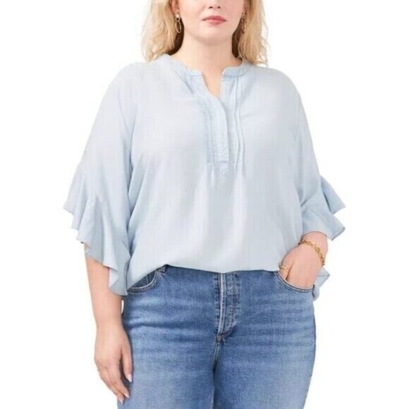 Vince Camuto Plus Size Light Blue Split Neck Ruffle Sleeve Top NWT - Picture 1 of 6